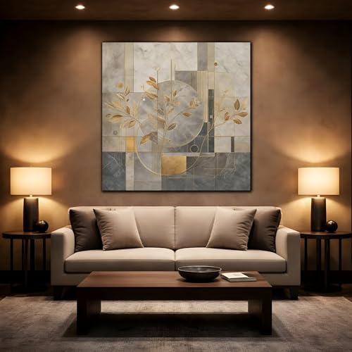 Toile moderne salon nature grise et dorée 90x90 cm