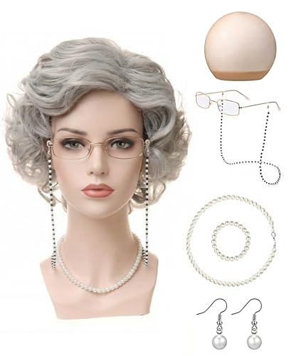 Geyynow 7 PCS Old Lady Wig Set Granny Grandma Wigs Costume & Glasses for Women Old People Cosplay