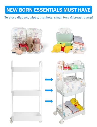 image for Volnamal Diaper Caddy Organizer, 3-Tier Movable Diaper Cart with Wheel