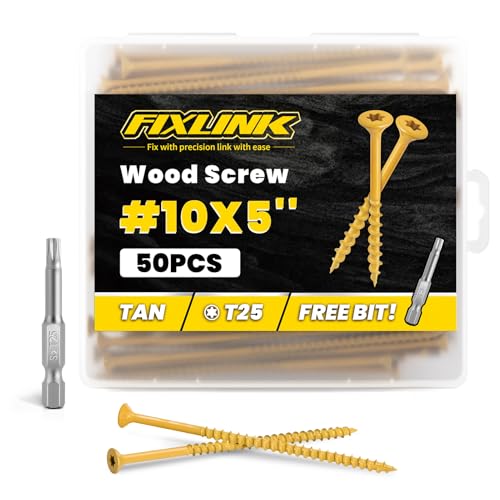 Image of Wood Screws 5 Inch, FIXLINK Deck Screws #10 x 5, 50 PCS, Epoxy Coated, T25 Star Bit Above 1500 Hour Salt Spray Coating Outdoor Decking Screws Excellent Rust Resistant for Wood Fence, Tan
