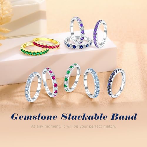 Bezel Set Birthstone Wedding Band 14K Gold Sterling Silver Stackable Half Eternity Band Rings 2.5mm Wide Ruby/Amethyst/Sapphire/Emerald Green/Aquamarine Ring for Women, Send Gift Box4