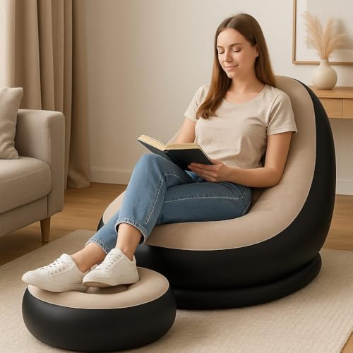 Image of Inflatable Lounge Chair for Adults, Foldable Air Couch Sofa, Grey, 40D x 30W x 10H CM, Modern Style, Loveseat, 150 KG Weight Capacity, PVC Material