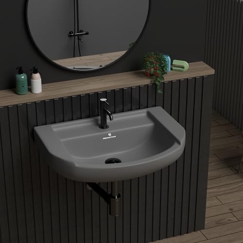 Image of REMOTION Ceramic Wall Hung Corner Wash Basin for Bathroom | Wall Mounted Corner Sink | Space-Saving, Durable & Stylish Design (18.5 x 14 x 7.5 Inch) (Grey)