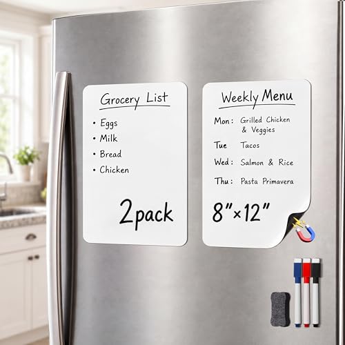 Warasee Small Magnetic Whiteboard for Fridge: 12" x 8" 2 Pack Dry Erase Board Sheets for Kitchen Refrigerator Grocery List & Weekly Menu Planner - Ships Flat with 3 Markers & 1 Eraser