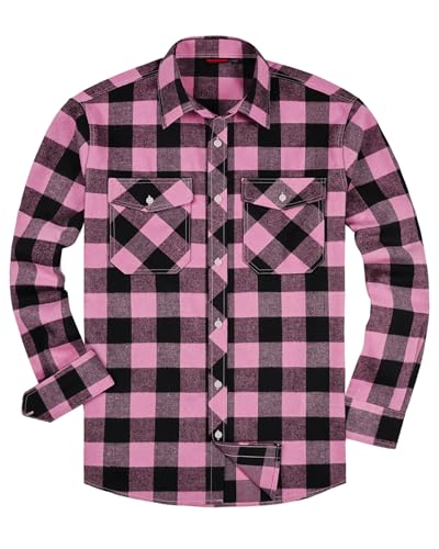 Image of siliteelon Flannel Shirt Checked Shirt for Men Plaid Shirt Cotton Lumberjack Regular Fit Men's Long Sleeve,XL Pink