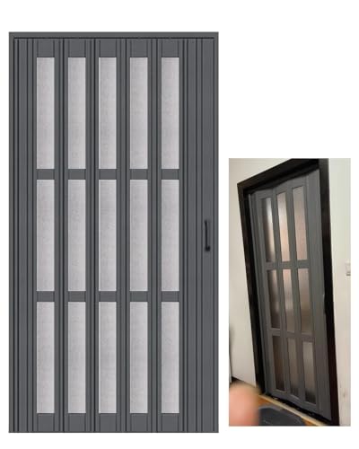 Porte de séparation de grange pliante grise en PVC avec vitre givrée