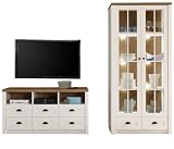 Furn.Design Wohnwand in weiß Pinie und Eiche hell Landhaus, Wohnkombination 2-teilig 240 x 198 cm, Seyne