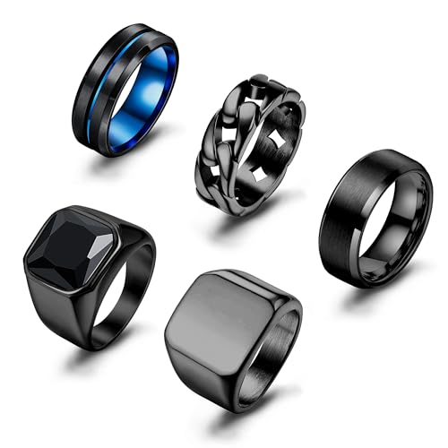 Sanfenly Men's Stainless Steel Wedding Band Rings - Black Onyx Signet & Chain Rings - Punk Biker Fashion Jewelry Set - Size 7-15