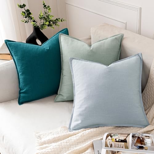 Image of MIULEE Decorative Linen Pillow Covers 18x18 Inch Teal Blue Boho Farmhouse Neutral Couch Throw Pillows for Bed Pack of 2 Accent Coastal Modern Pillowcase Summer Sofa Livingroom Home Decor
