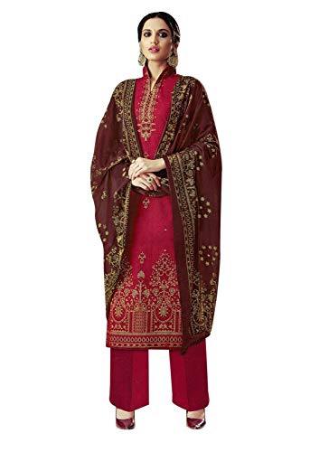 ladyline Readymade Foil Printed Cotton Salwar Kameez with Chiffon Dupatta Ready to Wear Indian Dress (Size_52/ Maroon)
