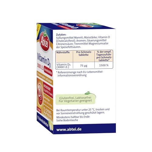 Abtei Vitamin D3 3000 I.E. - unterstützt Immunsystem und Knochen - laborgeprüft, glutenfrei, laktosefrei und vegetarisch - 75 Schmelztabletten mit Zitronengeschmack