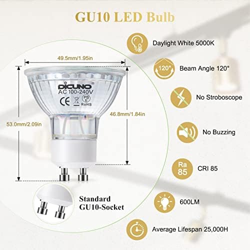 DiCUNO GU10 LED Bulb 6W, Daylight White 5000K, 600LM Energy Saving Light Bulbs, 120°Beam Angle, Non-dimmable, 60W Halogen Equivalent, 100-240V, 6 Packs