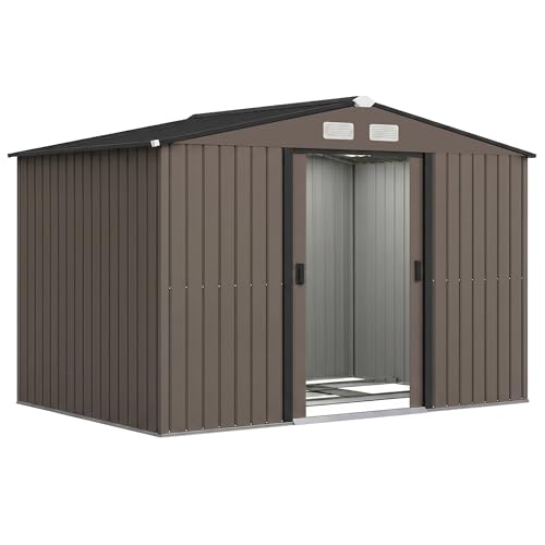 Outsunny Caseta de Jardín Exterior 4,9 m², 277x195x192 cm, Cobertizo de Jardín Exterior Metálico con Puerta Corredera, Ventilación y Kit de Fundación, para Almacenamiento de Herramientas, Marrón