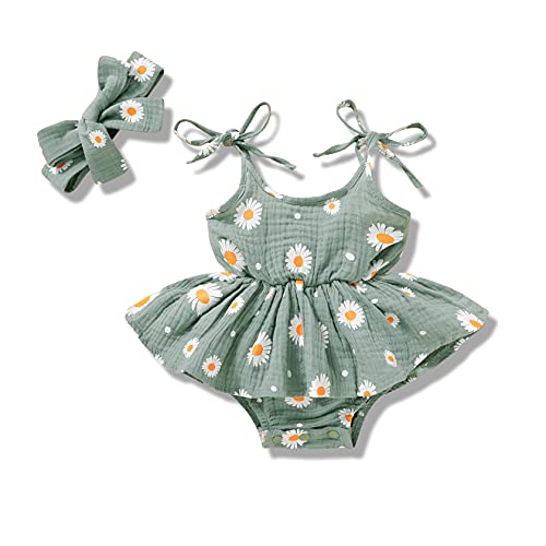 Image of Newborn Girl Clothes Baby Strap Daisy Romper Bodysuit with Headband Infant Summer Jumpsuit