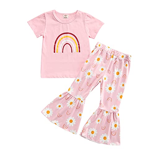 Toddler Baby Girls Outfit Short Sleeve T-Shirt Top Leopard Print Flare Bell Bottoms Pants 2Pcs Clothes Set (Rainbow Pink Top+Daisy Pants,1-2T)