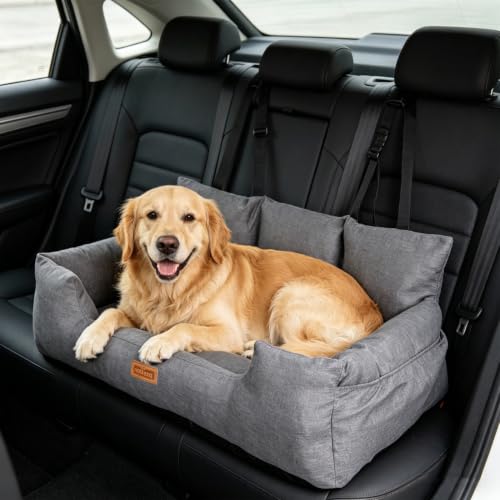 Nobleza - Hunde Autositz für Mittelgroße und Große Hunde, Abnehmbarer und Waschbarer Auto Reise Hundebett mit Staufächern und 2 Sicherheitsgurt, L92*W50*H40cm, Gris