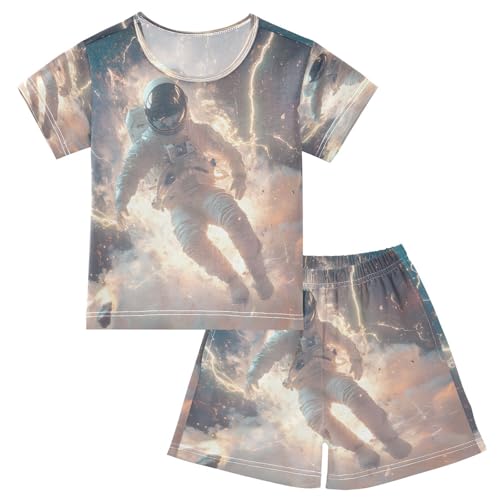 ALAZA Astronaut Space Galaxy Pajamas Set Short Sleeve Cotton Sleepwear Summer Pjs 2 Piece 5-14Y