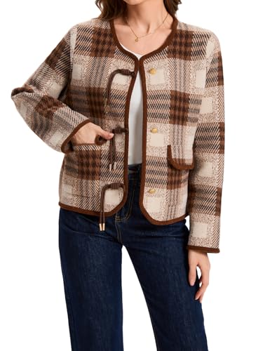 HOULENGS Women's Vintage Button Down Cardigan Sweater Plaid Print Long Sleeve Knit Coat with Pockets 2025 Fall Fashion4