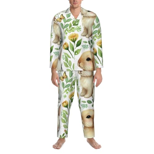 Mens Long Sleeves Pajama Set Cute Rabbits Watercolor Cozy Two-Piece Loungewear For Nighttime Comfort,Casual Wear4