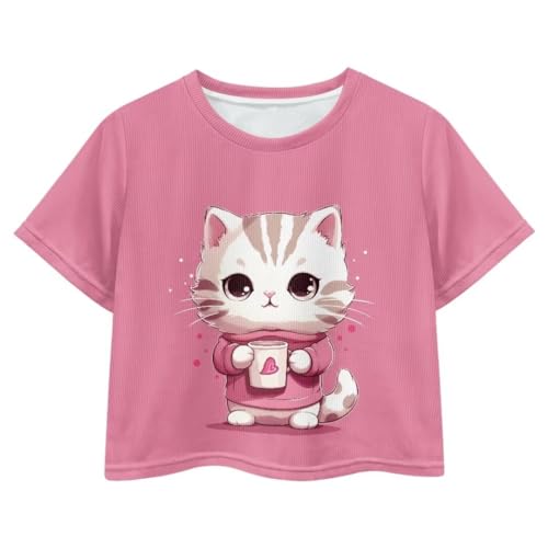 Image of Cat Pattern Summer Tops for Girls Cartoon Kids T Shirts for Girls Skin Friendly Crop Tops for Kids Girls Short Sleeve Girls Summer Shirts Soft Blouses Gift for Birthday, X-Small