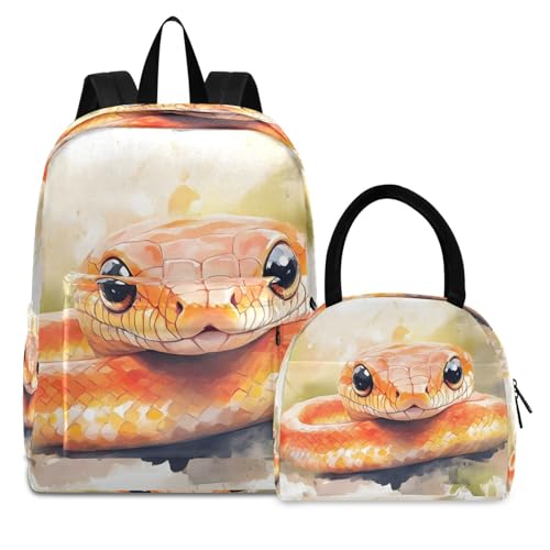 Backpack Lunch Box Set Large Capacity Travel Backpacks and Insulated Lunch Bag for Commute Hiking Picnic Orange Snake Print