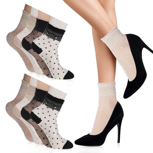 4 Pairs Dot Sheer Ruffle Socks Women Lace Socks Thin Ruffle Sock Cute Summer Sock for Women Girls (Beige, All Black, White, Black)