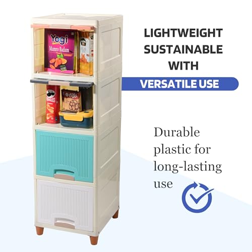 Image of Kuber Industries 4 Units Cupboard for Storage Organizer | Foldable Wardrobe Rack for Clothes, Books & Toys | Stackable Kitchen Cabinet for Home | Bedroom & Kids Living Room | Multicolor