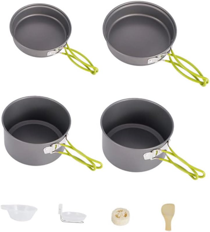 KICHOUSE 1set Nonstick Outdoor Cookware Kit Portable Camping Cooking Pan for Hiking Picnics Fishing Includes Frying Pans Bowls Soup Spoon Spatula
