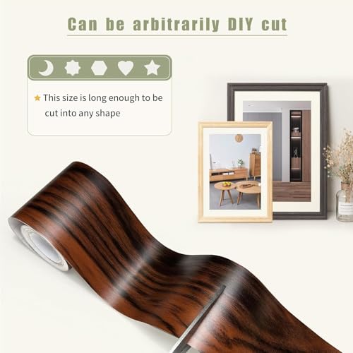 Image of Dark Brown Colour Wood Border Wallpaper Peel and Stick Wooden Contact Paper for Countertops Border, Wall Corners Stickers and Wall Decor Waterproof Self Adhesive 4x240 Inch