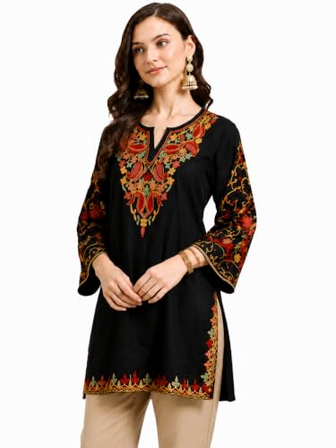 Image of HAUTEMODA Women Cotton Floral Embroidered Short Kurti, Tunic, Three-Fourth Sleeves, White