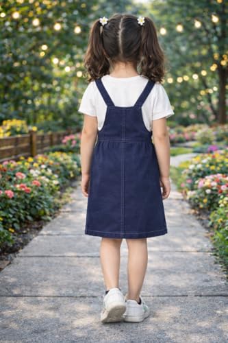 Image of superminis Girls Twill Denim Solid Color Dungree /Dress With Embroidered Pocket (1 Dress,1 Tee)