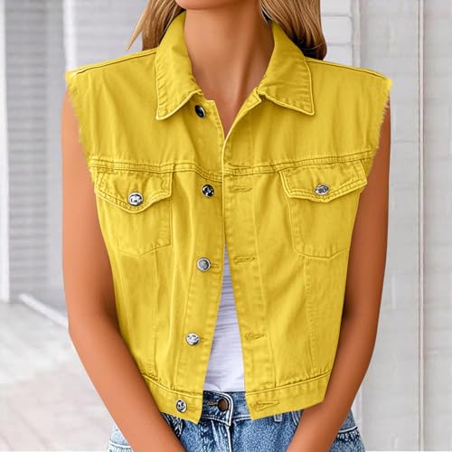 Denim Vest for Women Sleeveless Cropped Jean Jacket Western Fashion Casual Button Collared Frayed Vests Top with Pockets2