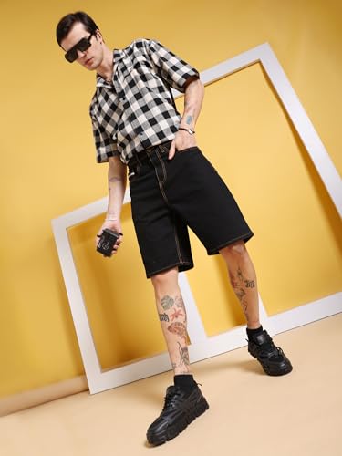 Image of The Indian Garage Co Men Regular Fit Solid Mid-Rise Denim Shorts