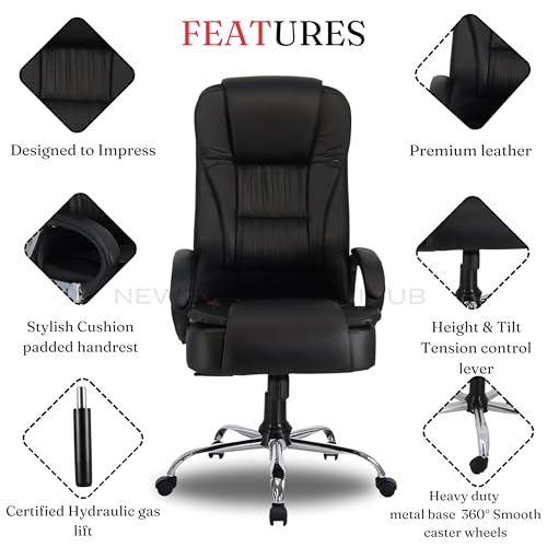 Image of NEWTURN Dragon Ergonomic Office Chair: High Back, Premium Leatherette, Pre-Assembled with Metal Stand, Revolving Boss Chair with 2-Year Warranty, Black