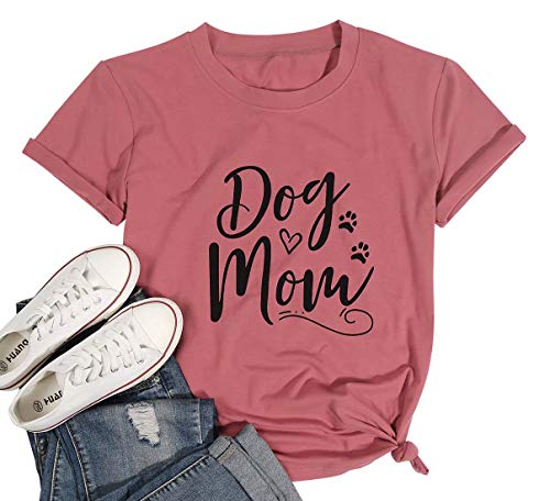 Dog Mom Shirts Women Funny Dog Paw Graphic Tee Casual Short Sleeve Mom Shirt Dog Lover Gift Tops Pink