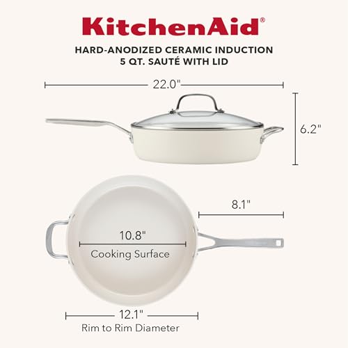 Image of KitchenAid Hard-Anodized Ceramic Saute Pan with Lid, 5 Qt, Porcelain White