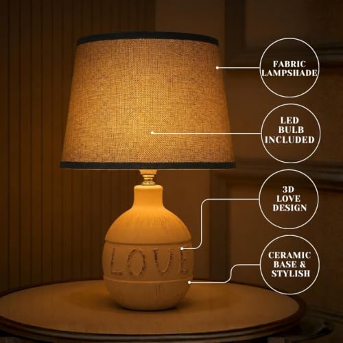 Image of ELARE Love Printed Table Lamp with Blue Fabric Shade & LED Bulb - Romantic Gift for Girlfriend, Boyfriend, Wife, Husband, Couples, Anniversary, Valentine's Day, Bedroom Bedside Lamp, 36 cm
