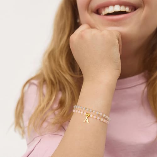 IEFWELL Initial Bracelets for Women Girls - 4Pcs Crystal Bracelets Set Pink/Blue/White/Green Crystals Beaded Bracelet Stretch Bracelet Kid Jewelry Birthday Gifts for Teen Girls Kids Toddler3