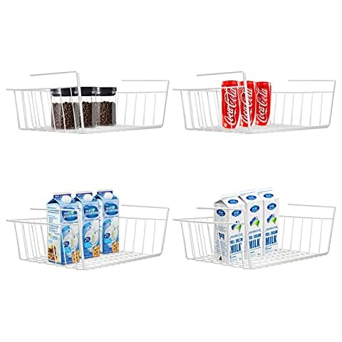 Under Shelf Basket, 4 Pack White Wire Rack, Slides Under Shelves for Storage Space on Kitchen Pantry Desk Bookshelf Cupboard Cover