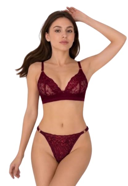 Women's Lace Lingerie Set Cup B | Floral Lace Bralette and Panty Set | Soft Stretch Comfortable Innerwear | Red, Beige & Maroon.-picture-31