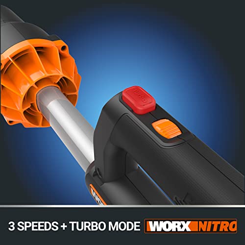 WORX NITRO 36V(40V MAX) Cordless Leaf Blower WG585E Brushless Blower, 3 Speeds + Turbo Mode, 266km/h Air Speed, 1053m³/h Air Volume, Lightweight & Compact, PowerShare, 2* 4.0Ah Battery, 1* 2A Charger