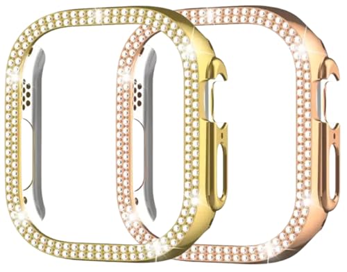Image of AMiRiTE ADS144 Bling Diamond Rhinestone Ony Bumper Watch Case Cover Without Glass Compatible with Apple iWatch Series 49mm Ultra /Ultra 2 (49MM [ Bling CASE Combo Pack of 2 ], Gold & Rose Gold)