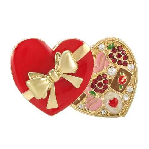 Image of Valentines Heart Brooch Pins for Women | Red Heart Gift Box Pins for Women | Valentines Wedding Party Accessories Gift
