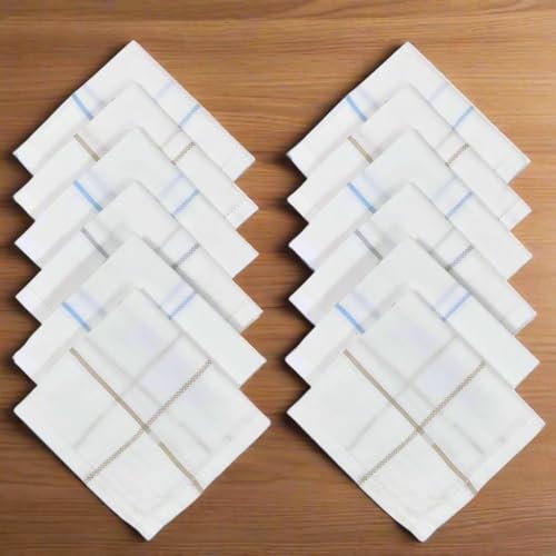 Image of Premium 100% Cotton Handkerchiefs for Men, 48 x 48 cm, Large Size Rumal Napkins, White & Multicolor Stripes