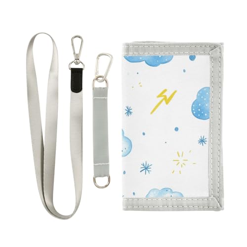 KLL Simple Cartoon Cloud and Lightning Illustration Trifold Mens Wallets Cool Gifts pop Colorful Money Clip Wallet with Lanyard