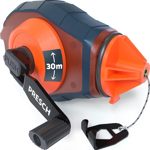 PRESCH Cordeau Traceur 30m - Enroulement rapide grâce à la boîte de vitesses 6:1 - Ligne robuste pour des lignes précises - Fenêtre de visualisation pour un contrôle facile du niveau