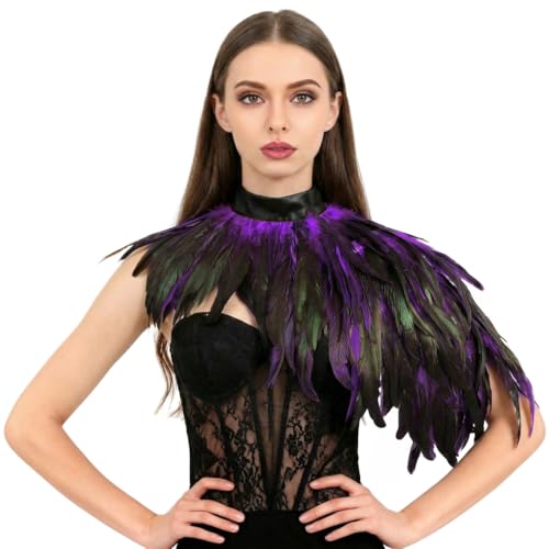 Poncho châle plumes naturelles col ras du cou violet style gothique victorien
