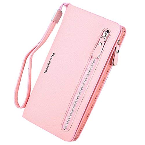 Womenâs Long PU Leather Wallet with Credit Card Holders Money Organizer Zipper Purse Wristlet Handbag Clutch Wallet (A Pink)