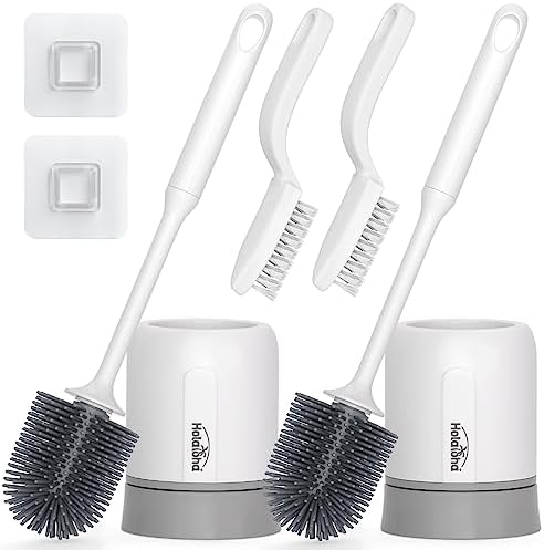 Holaloha Toilet Brush, 2 Pack Toilet Bowl Brush and Holder for Bathroom, Silicone Toilet Brush Bristles, Toilet Cleaner Brush Floor Standing and Wall Mounted Toilet Scrubber Brush, White with Gray
