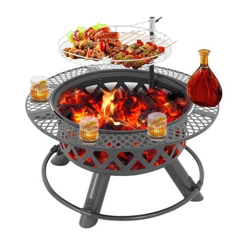 Brasero de hierro de 36 pulgadas, mesa redonda para jardín y camping, apta para madera y carbón, diámetro 83,5 x 61 cm, estable, decorativa y multifuncional